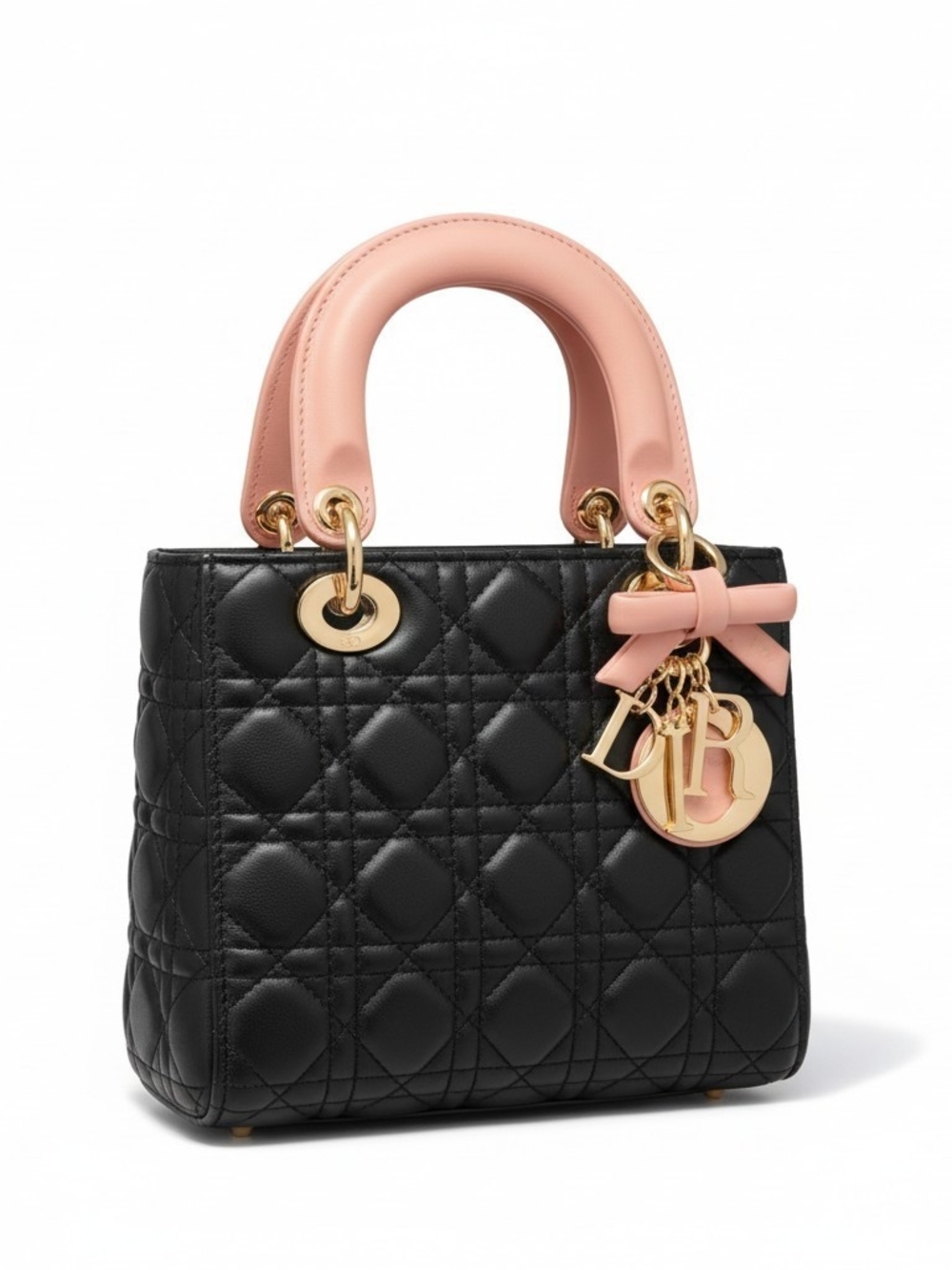 Quilted Leather Tote in Black with Pink Details